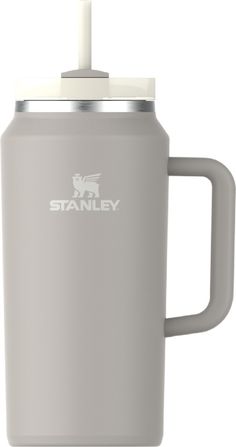 the stanley stainless steel coffee mug is shown in light gray with a white lid and handle