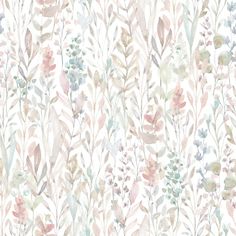 watercolor floral wallpaper with pink, blue and green flowers on white background in pastel tones