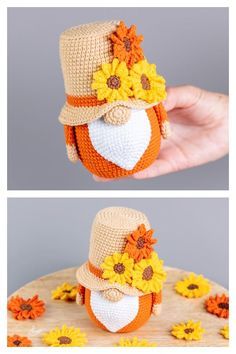 two pictures of a small stuffed animal with sunflowers on it