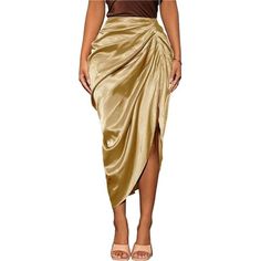 100% Polyester Imported Zipper Closure Soft And Comfy, Flowy Lightweight Satin Fabric, Comfortable To Wear The Split Thigh Design Can Make You Look Sexy, Midi Long Length Enough To Flowy, Fold Pleated Front Details Skirt Helps Create Effortlessly Stunning Outfits High Low Hem With Ruched Side High Split, This High Waisted Skirt Can Pair With Variety Of Tank Tops, Shirts, Blouses, Tshirts, Great Choice For Spring, Summer, Fall, Winter The Perfect Dress For Daily Wear/ Lounging/ Party/ Pub/ Night Spring Night Out Skirt With Folds, Spring Night-out Skirt With Folds, Fitted Party Maxi Skirt With Folds, Fitted Maxi Skirt With Folds For Party, High Waist Ruched Skirt For Party, Elegant Ruched Bottoms For Date Night, Party Skirt With Folds, Party Maxi Skirt With Folds, Flowy Skirt Bottoms With Folds For Party