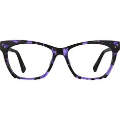 These chic rectangle glasses are made from high-quality acetate that is hand-polished to a glossy finish. The medium-wide eyeglasses features spring hinges for a comfortable fit. It is available in classic tortoiseshell with cream-colored temple arms; purple tortoiseshell with black temple arms; black pattern with white temple arms; and clear with blue accents on the front corners and tortoiseshell temple arms. | Zenni Women's Cat-Eye Prescription Eyeglasses Purple Tortoise Shell Plastic White Temple, Eye Prescription, Stylish Eyeglasses, Rectangle Glasses, Rim Design, Zenni Optical, Round Face Shape, Spring Hinge, Prescription Eyeglasses