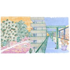 a drawing of an apartment building with trees and flowers