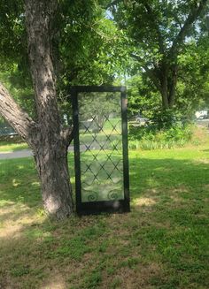 a black and white mirror sitting next to a tree in the middle of a field