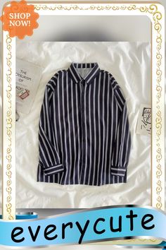 Korean Fashion Striped Shirts Women Fall New Long Sleeve Oversize Tops Female Casual Button Up Ins Shirt Harajuku Teenage Oversized Striped Top With Button Closure, Oversized Striped Shirt With Button Closure, Trendy Striped Collared Shirt, Trendy Striped Shirt With Button Closure, Trendy Striped Button-up Shirt, Casual Striped Shirt With Buttons, Oversized Striped Tops With Buttons, Striped Long Sleeve Top With Button Closure, Oversized Striped Button-up Top