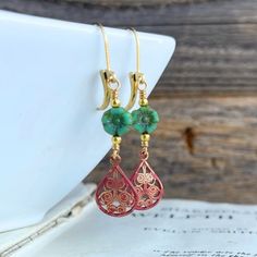 Turquoise Green and Rustic Red Czech Glass Flower Earrings - Etsy Bohemian Jewelry With French Hook For Jewelry Making, Bohemian Wire Wrapped Flower Earrings, Bohemian Wire-wrapped Flower Earrings, Bohemian Wire Wrapped Flower Earrings For Gift, Bohemian Wire Wrapped Flower Earrings As Gift, Glass Flower Earrings, Turquoise Green, Earrings Etsy, Something Beautiful