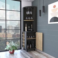 a room with a large window and a wine rack on the wall next to a potted plant