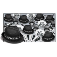 a group of black hats with the words happy new year written on them, surrounded by other items