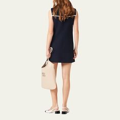 Miu Miu contrasting trim tweed dress with button detail and fabric logo Sailor collar Sleeveless Mini length Shift silhouette Side zip Wool Made in Italy Collar Mini Dress, Fabric Logo, Contrasting Trim, Sailor Collar, Tweed Dress, Button Detail, Miu Miu, Piping, Side Zip