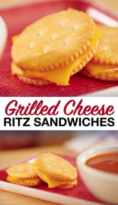 grilled cheese ritz sandwiches on a red napkin with dipping sauce in a white bowl