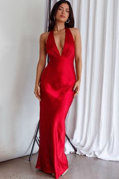 Shop the Of Your Dreams Rose Accent Halter Dress Red | Selfie Leslie Prom Dress Inspo, Red Silk Dress, Red Satin Dress, Satin Clutch, Red Bridesmaids, Red Bridesmaid Dresses, Prom Dress Inspiration, Grad Dresses, Clear Heels