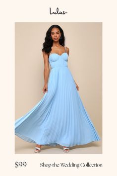 a woman in a long blue dress with the words shop the wedding collection on it