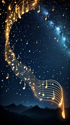 music notes are flying in the air with stars and lights around them on a night sky background