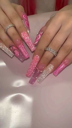 Pink Sparkle Nails, Long Acrylic Nail Designs, Nails Design With Rhinestones, Colored Acrylic Nails, Acrylic Nails Coffin Pink, Long Square Acrylic Nails, Unique Acrylic Nails, Sparkle Nails, Acrylic Nails Coffin Short