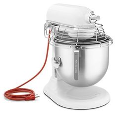 an electric mixer on a white background with a red cord connected to it and the attachment plugged in