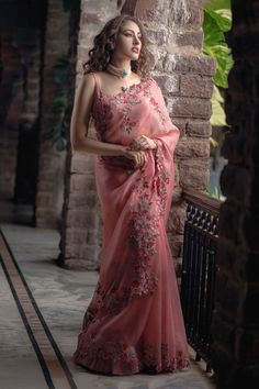 Buy Summer by Priyanka Gupta Peach Georgette Persian Double Scallop Bordered Saree With Blouse Online | Aza Fashions Demi Couture, Trending Sarees, Bridal Appointment, Peach Saree, Anushree Reddy, Fancy Sarees Party Wear, Embroidered Saree, Organza Sarees