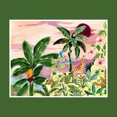 a painting of giraffes and tropical plants