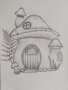 a pencil drawing of a mushroom house