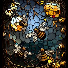 stained glass window with bees in the center