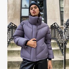 Color: Low Tide Aritzia Super Puff Mid, Super Puff Shorty, Cloud Purple, Aritzia Super Puff, Black Hooded Coat, The Super Puff, Puffer Coat With Hood, Puffer Jacket Style, Aritzia Jacket