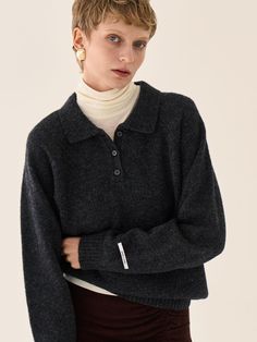 Composition : wool 100%Color : CHARCOALCountry of Origin : Republic of Korea Gray Ribbed Collar Polo Sweater For Fall, Gray Sweater With Ribbed Collar For Work, Cozy Wool Polo Sweater With Ribbed Collar, Gray Wool Winter Tops, Gray Wool Tops For Winter, Cozy Polo Sweater With Ribbed Cuffs For Work, Chic Knit Polo Sweater For Winter, Gray Ribbed Collar Sweater For Fall, Cozy Wool Polo Sweater