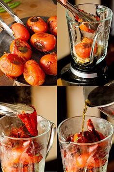 there are four pictures of tomatoes being poured into glasses