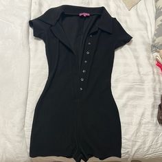 (Never Worntags Removed) Black Shorts Romper With Detailed Buttons Size: Xs Shirt Romper, Black Romper Shorts, Button Outfit, Knitted Romper, Jumpsuit Shorts Rompers, Black Button, Black Romper, Short Rompers, Black Knit