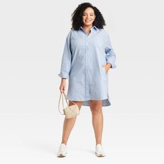 You'll be ready to take on off-duty days in cool style with this Long-Sleeve Mini Shirtdress from Universal Thread™. Made of lightweight cotton-linen fabric, the mini dress is tailored with a collared neckline featuring a full-length button placket down the front, long sleeves with buttoned cuffs, a box-pleat back yoke and a shirttail hem. A chest patch pocket and side pockets complete the look with functional flair. Keep it casual with sneakers, or dress things up a bit with your go-to accessor Summer Cotton Shirt Dress With Long Sleeves, Long Sleeve Cotton Shirt Dress For Summer, Cotton Long Sleeve Shirt Dress For Summer, Casual Cotton Shirt Dress For Work, Daytime Cotton Short Sleeve Shirt Dress, Cotton Short Sleeve Shirt Dress For Daytime, Cotton Button-up Shirt Dress For Day Out, Spring Cotton Shirt Dress With Placket, Blue Cotton Shirt Dress With Pockets