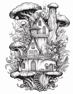 a drawing of a house surrounded by trees and mushrooms