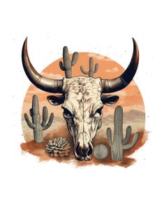 an image of a bull with horns and cactuses on it's head in the desert