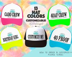 Please read below on ordering instructions: >>HOW TO ORDER: 1. Select number of hats.  2. Put colors & text you want on hats in the personalization section- see first photo for text options! 3. Add all to cart! >>PROOFS: STRICT POLICY- sorry no proofs, the order will look like the main first photo just with your information. >>SHIPPING: FREE SHIPPING ON 35$ OR MORE DISCOUNT AUTOMATICALLY APPLIED AT CHECKOUT NO COUPON CODE NEEDED Please Read- Shipping Information: USPS has had budget cuts and are Customizable Summer Hats For Birthday, Customizable Summer Birthday Hats, Customizable Summer Hats For Birthdays, Aged To Perfection, Birthday Hat, Custom Hats, Figure It Out, Text You, Hat Making