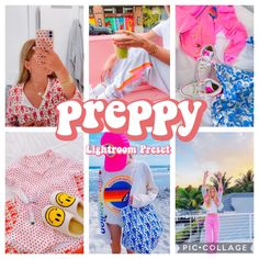 a collage of photos with the words preppy written in pink, blue and white