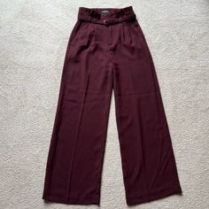 Size 2 New Without Tags Express Womens Wide Leg High Rise Burgundy Pants Trousers Belted Fitted Waist 2 Spring Date Night Bottoms With Belt Loops, Belted High Waist Bottoms For Date Night, Belted Bottoms For Date Night, Burgundy Workwear Bottoms With Pockets, Belted Full-length Bottoms For Fall, High Waist Burgundy Workwear Bottoms, High Waist Burgundy Bottoms For Work, High-waisted Pants With Belt Loops For Date Night, Burgundy High-waist Bottoms For Work