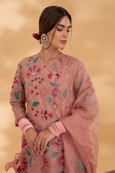 Pink kota silk kurta with all over floral embroidery. Paired with a pant and dupatta. - Aza Fashions Silk Set With Multicolor Resham Embroidery, Long Sleeve Salwar Kameez With Floral Embroidery For Reception, Silk Sets With Multicolor Resham Embroidery, Floral Embroidered Long Sleeve Salwar Kameez For Reception, Long Sleeve Floral Embroidered Salwar Kameez For Reception, Pink Embroidered Lawn Suit, Tissue Silk Sets With Floral Embroidery For Reception, Floral Embroidered Lawn Suit For Wedding, Elegant Pink Lawn Suit For Reception