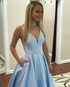 Light Blue Prom Dress Long, Blue Prom Dress Long, Satin Prom Dress Long, Light Blue Prom, Prom Dresses Long Blue, Backless Evening Gowns, Light Blue Prom Dress, Prom Dresses With Pockets, V Neck Prom Dresses