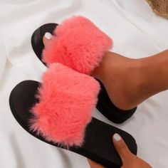 Slip On, Open Toe Silhouette Faux Fur Detail On Top Vamp Minimalist; Casual Style Or Lounge Around Versatile, Wear Active Or Use Them As Slippers At Home. Soft Synthetic Slippers For Spring, Trendy Soft Slippers For Spring, Comfortable Fluffy Slippers For Spring, Casual Slippers With Faux Fur Lining For Spring, Pink Fluffy Slippers Casual Style, Pink Fluffy Casual Slippers, Casual Pink Fluffy Slippers, Casual Fluffy Pink Slippers, Fluffy Flat Synthetic Slippers