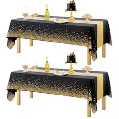 two tables covered in black and gold tablecloths