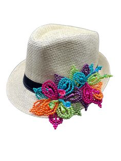 image Handmade Flower Hats For Summer, Multicolor Straw Hat For Beach And Kentucky Derby, Adjustable Flower Straw Hat For Beach, Bohemian Flower Sun Hat For Beach, Bohemian Flower Shaped Sun Hat For Beach, Multicolor Summer Fedora With Short Brim, Multicolor Fedora For Summer Vacation, Adjustable Beach Hat With Floral Design, Adjustable Flower Hat For Beach