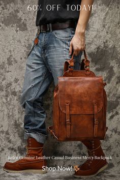 Crafted for the modern man, this Retro Genuine Leather Casual Business Men's Backpack offers both style and durability. Made from top-layer cowhide, it features a vegetable tanned leather design that is both spacious and portable. Perfect for travel or daily use, this backpack is sure to elevate any outfit. Denim Pocket, Well Dressed Men, Men's Backpack, Chest Bag, Leather Design, Vegetable Tanned Leather, Modern Man, Clutch Wallet, Well Dressed