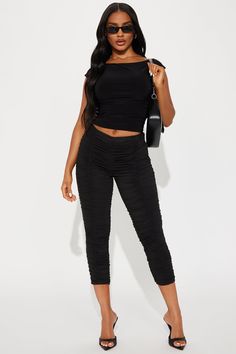 Available In Black. Capri Legging Mid Rise Elastic Waistband Ruched Stretch 21" Inseam 96% Polyester 4% Spandex Imported | Take What's Yours Ruched Capri Legging in Black size Large by Fashion Nova Men Jeans Pants, Lingerie Romper, Jeans Jumpsuit, Bottom Clothes, Capri Leggings, Matching Dresses, Leggings Fashion, Active Wear For Women, Black Leggings