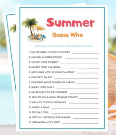 a printable summer guess who game is on top of a beach chair next to the ocean