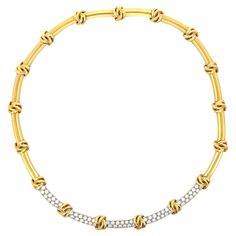 Estate Tiffany & Co. Knot Diamond Station Necklace in 18K Yellow Gold. The necklace features 3.90ctw of brilliant round diamonds. Then necklace is 15.5" in length, 8mm wide, and weighs 51.89 grams. Tiffany Knot, Diamond Necklace Tiffany, Tiffany Diamond, Gold For Sale, Jewelry Knots, Aquamarine Necklace, Platinum Engagement Rings, Tiffany And Co, Station Necklace