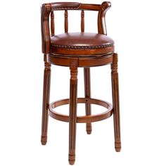 a wooden bar stool with brown leather upholstered seat and back rests against a white backdrop