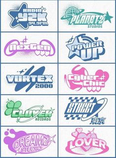 the logos for various sports teams are shown in different colors and styles, including pink, blue