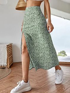 Lasaky - Floral Print Midi Skirt with Side Slit and High Waist Design High Waist Long Skirt, Floral Print Midi Skirt, Print Midi Skirt, Trendy Skirts, Langer Rock, Half Skirt, Women Skirts, Floral Midi Skirt, Printed Midi Skirt