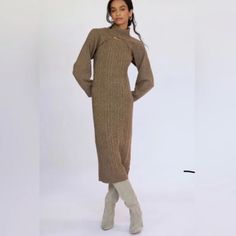 Never Worn Size Medium Long Stretch Sweater Dress For Fall, Beige Stretch Sweater Dress For Winter, Knitted Stretch Sweater Dress For Fall, Fall Cable Knit Sweater Dress, Cozy Fitted Long Sleeve Sweater Dress, Winter Long Sleeve Knit Midi Dress, Winter Knit Fitted Midi Dress, Ribbed Winter Dress For Work, Fall Knit Long Sleeve Dresses