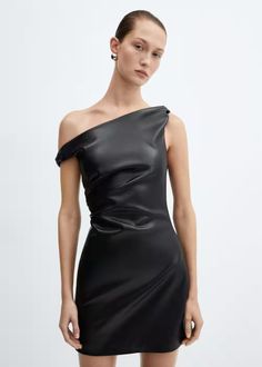 Short leather-effect dress -  Women | Mango USA Black Homecoming Dress, Mango Dress, Mini Dress Outfits, Off Shoulder Dresses, Mango Outlet, Leather Mini Dress, Milano Fashion Week, Mini Dresses For Women, Tailored Dress