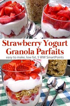 strawberry yogurt granola parfaits in glass bowls with spoons