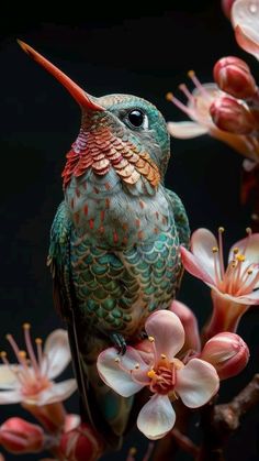 a hummingbird perches on a branch with flowers