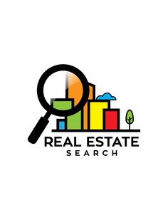 the real estate search logo with a magnifying glass on top of some books