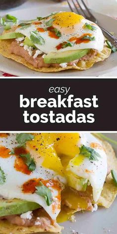 breakfast tostadas with eggs, avocado and cheese on top are shown